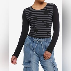 Hot Topic Social Collision Black Gray Star Striped Long Sleeve Top Small NWT